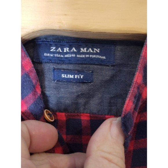 Zara Man Button Flannel Shirt Size Small Red Blue Check Long Sleeve Round Collar - Picture 4 of 4